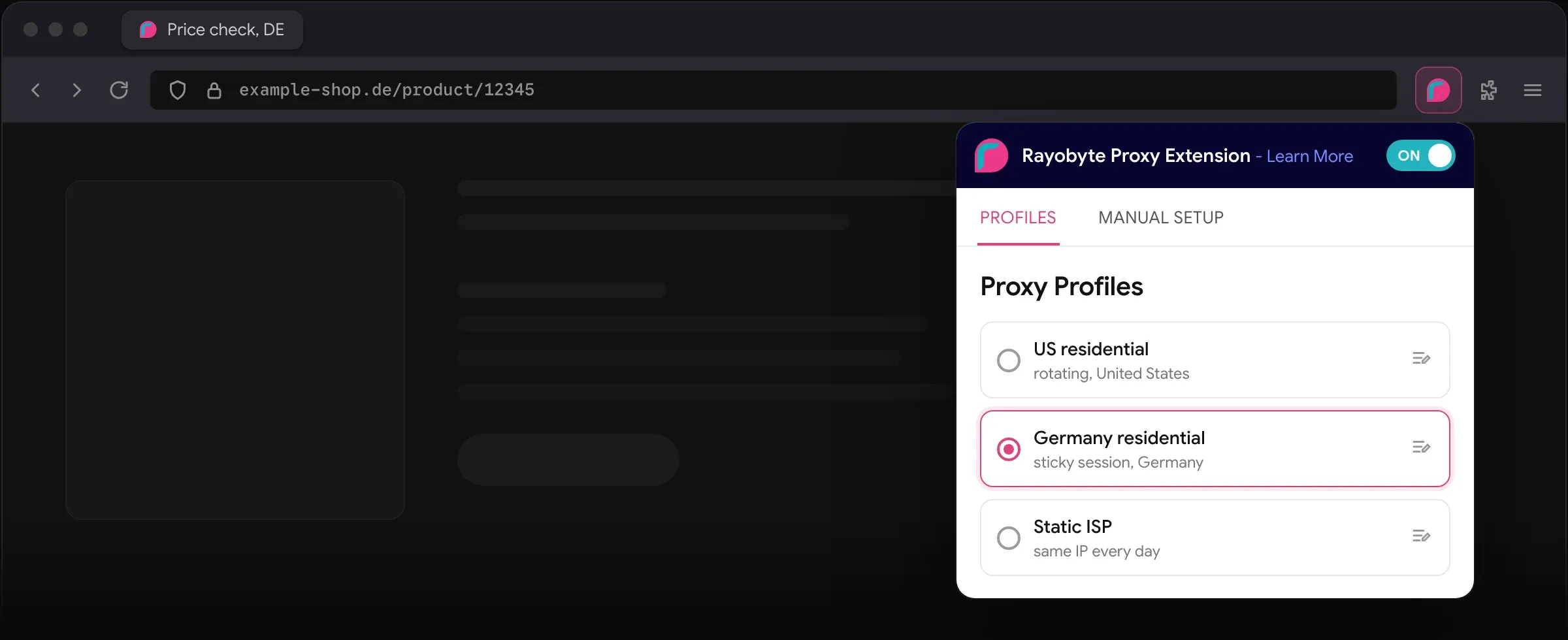 The Rayobyte proxy extension open in the Firefox toolbar, on its list of saved proxy profiles, with a German residential profile selected