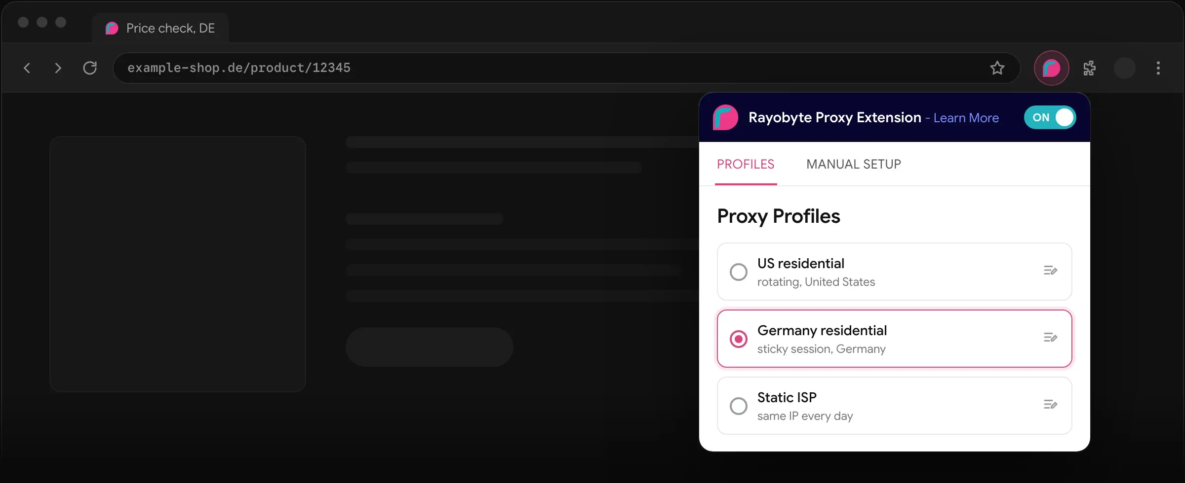 The Rayobyte proxy extension open in the Chrome toolbar, on its list of saved proxy profiles, with a German residential profile selected