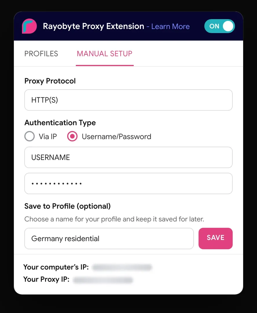 The extension’s manual setup tab, scrolled to its foot: username and password, and a name to save the proxy as a profile