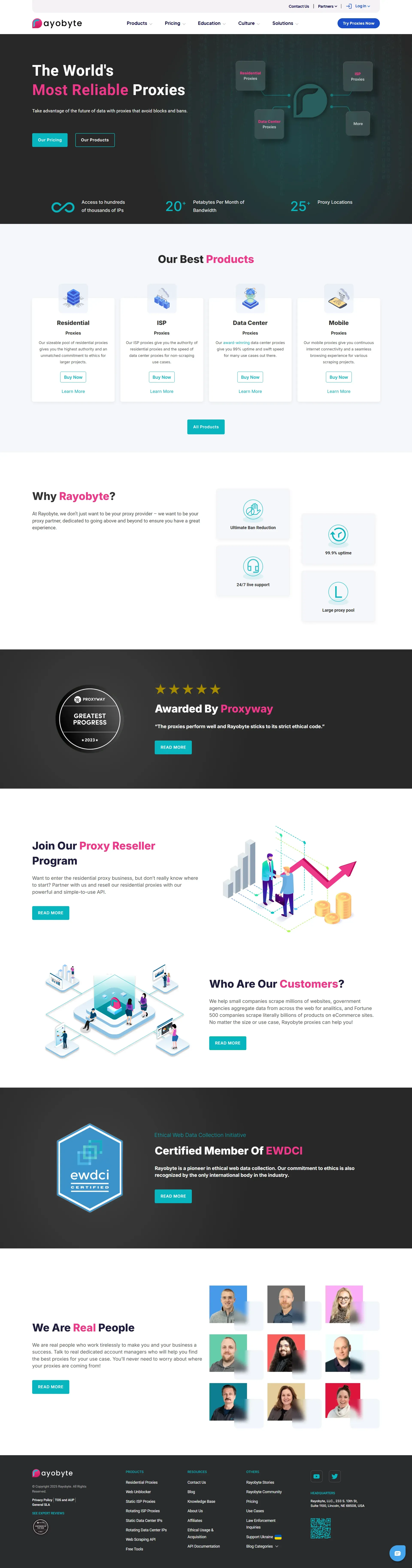 Rayobyte homepage showcasing proxy services including residential, ISP, data center, and mobile proxies, with features, awards, reseller program, and team photos.
