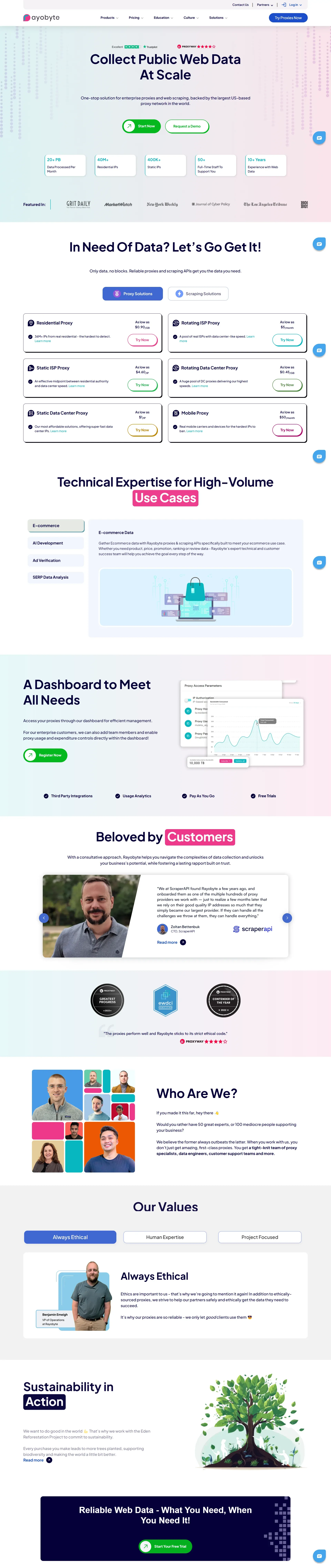 Rayobyte website homepage featuring public web data collection services, proxy options, technical use cases, customer testimonials, company values, and sustainability commitment.