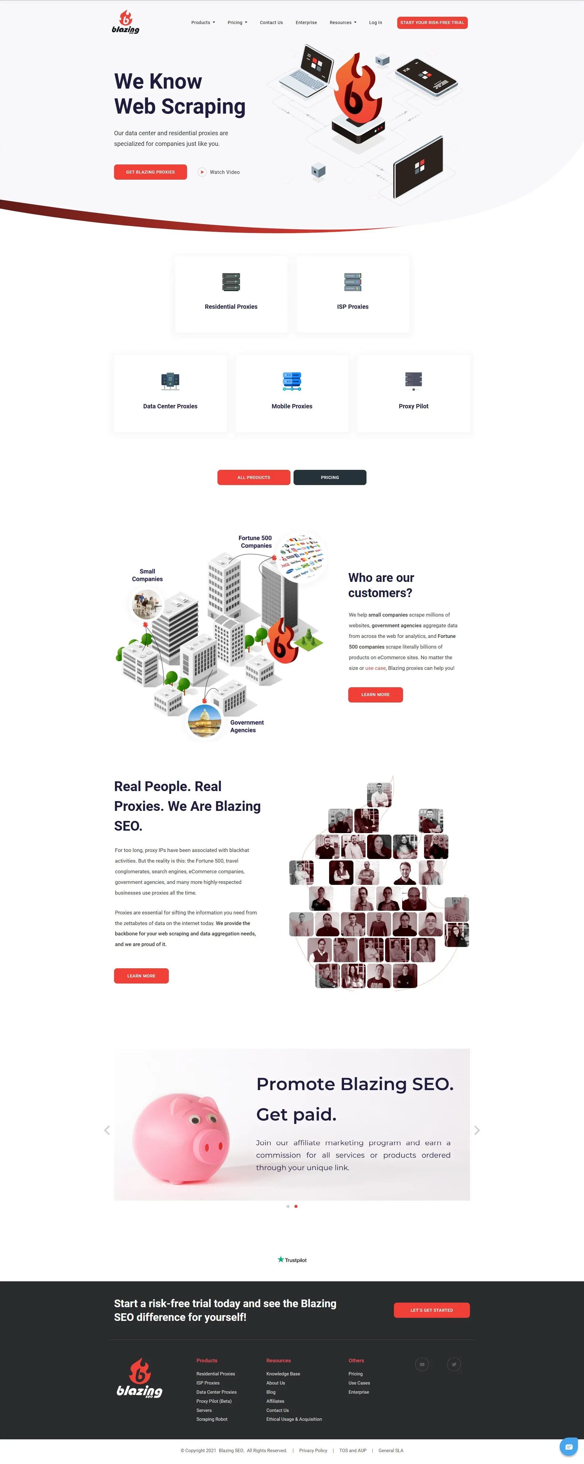 Blazing SEO homepage showing web scraping proxy services with sections for residential, ISP, data center, mobile proxies, and proxy pilot, customer types, real proxy users, affiliate program with a piggy bank image, and a call to action for a risk-free trial.